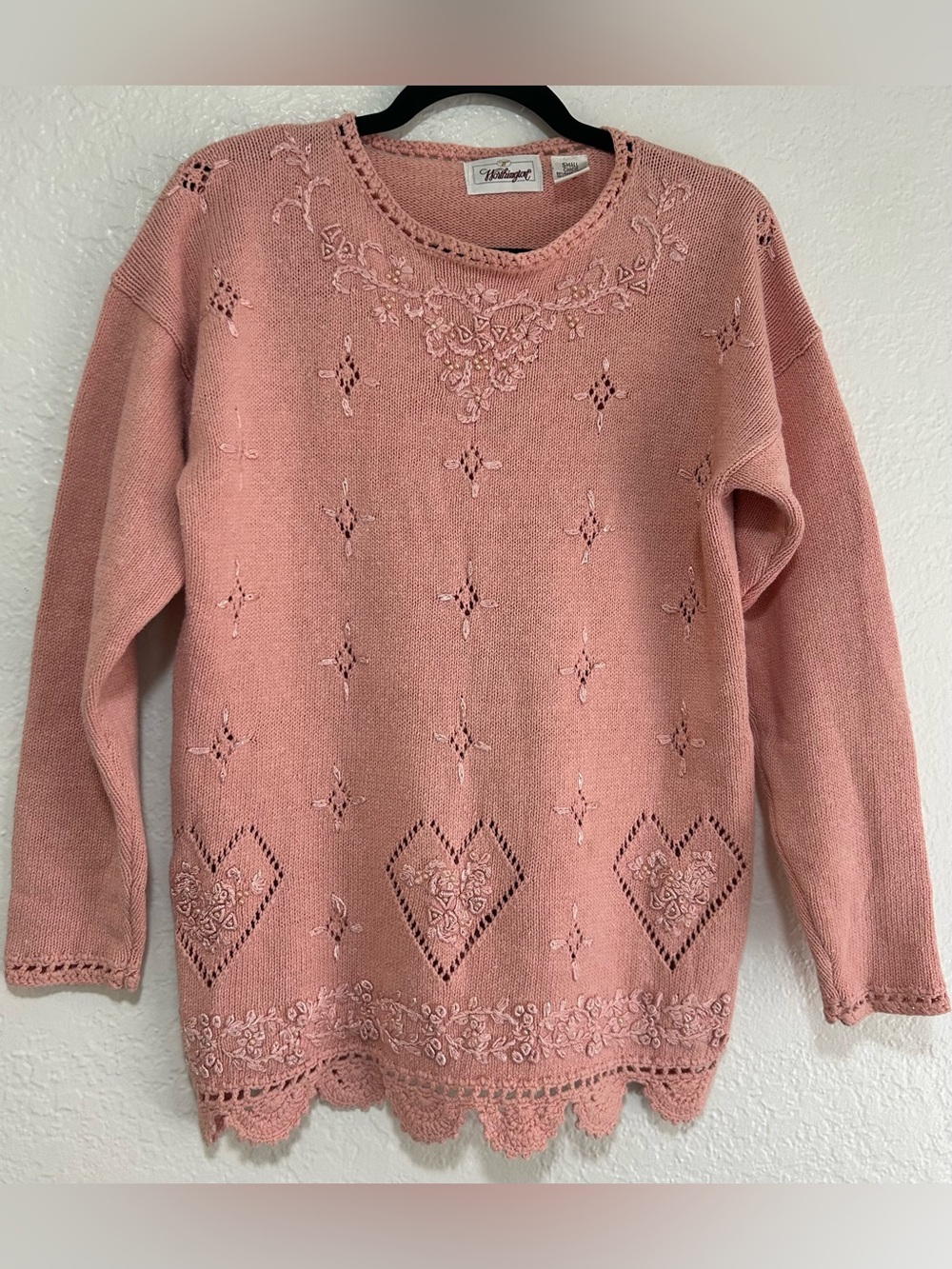 Worthington Dusty Rose Embroidered Crewneck Sweater with Pink Pearls
